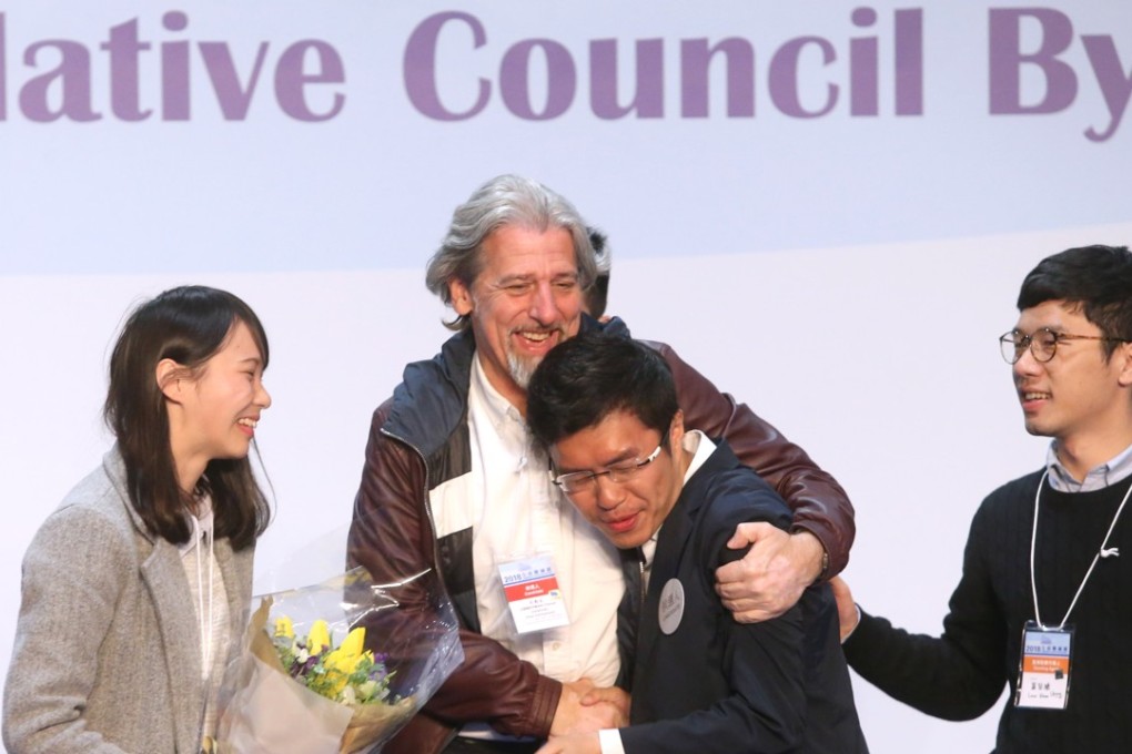 (L to R)Agnes Chow Ting, Paul Zimmerman, Au Nok-hin and Nathan Law Kwun-chung at the Central Counting Station of Legislative Council by-election at HKCEC in Wan Chai. Photo: Sam Tsang