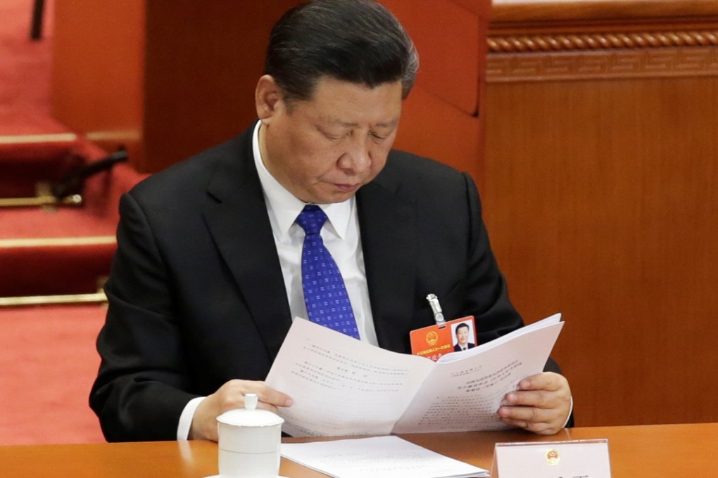 President Xi Jinping reads a report at the annual meeting of the National People's Congress at the Great Hall of the People in Beijing on Thursday. Photo: Reuters