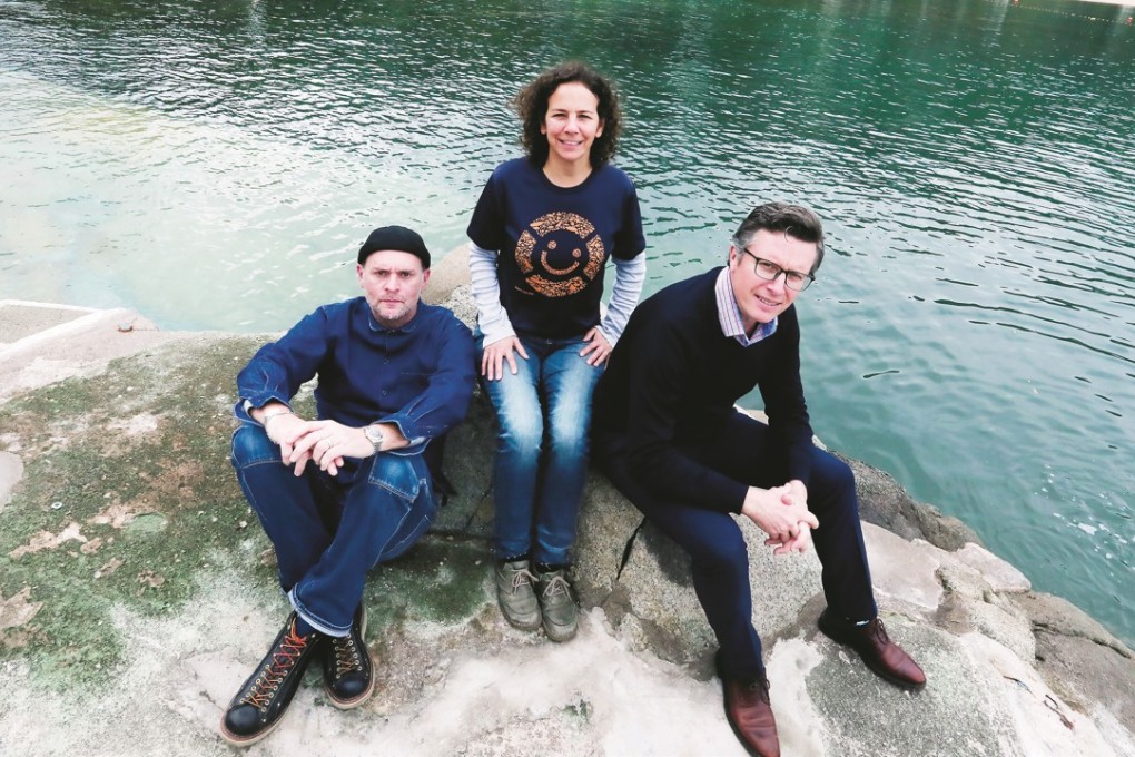 Hong Kong eco-art supporters (from left) artist Martin Lever, Dana Winograd from the charity Plastic Free Seas, and photographer William Furniss. Photo: Jonathan Wong