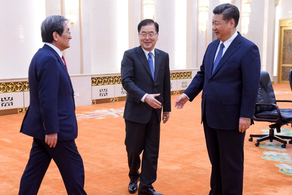Chinese President Xi Jinping (right) greets South Korean National Security Adviser Chung Eui-Yong and South Korean ambassador to China Noh Young-min at the Great Hall of The People in Beijing on Monday. Photo: Reuters
