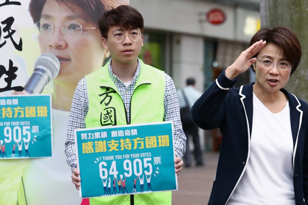 Christine Fong (right) thanked voters outside Tai Wai MTR station on Wednesday. Photo: Nora Tam