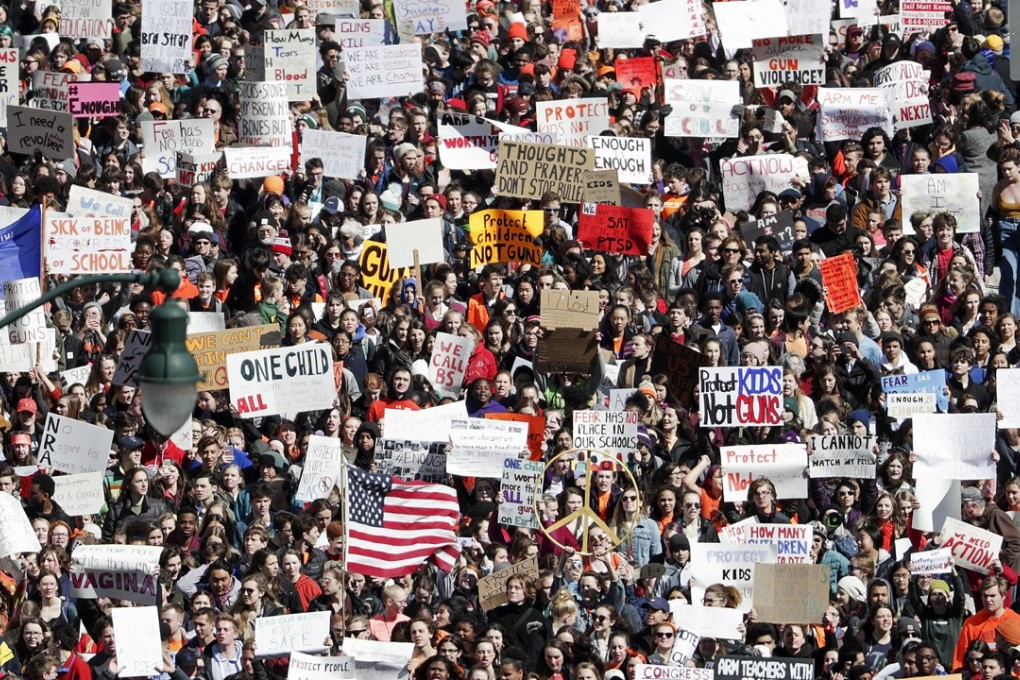 Students their way up East Washington Ave. toward the state Capitol during a walkout to protest gun violence on Wednesday, one month after the deadly shooting inside a high school in Parkland, Florida. Photo: Wisconsin State Journal via AP