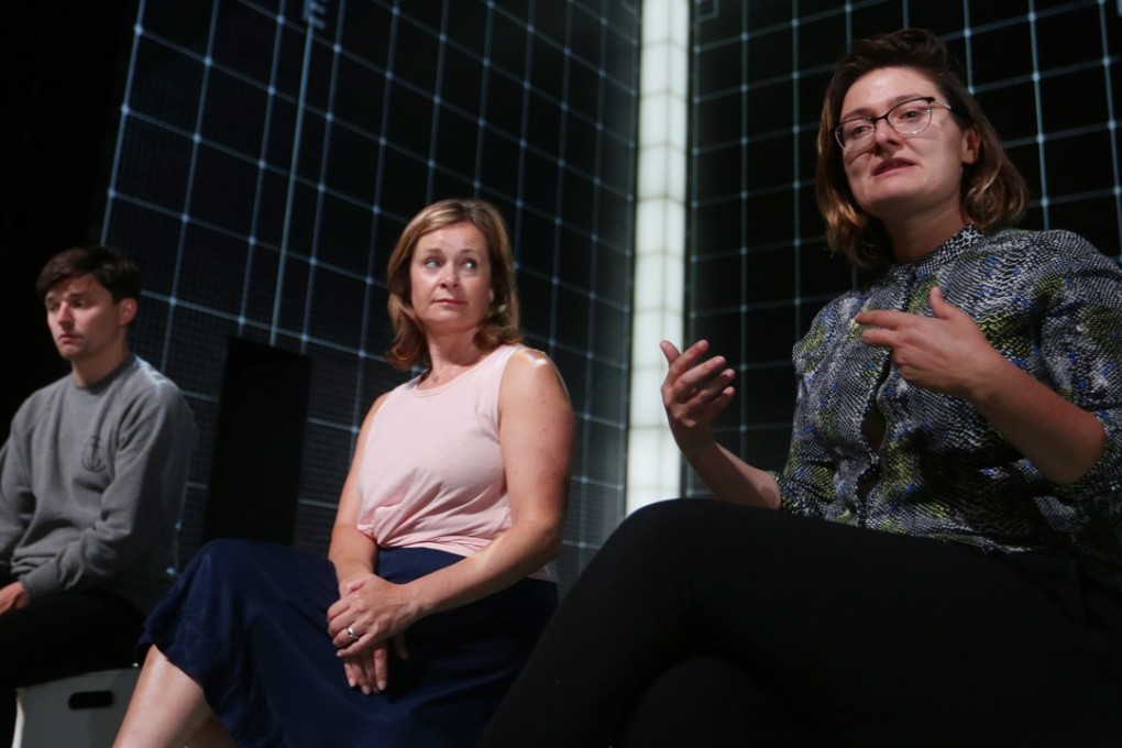 From left Christopher Boone (played by Joshua Jenkins), his teacher Siobhan (Julie Hale) and Kim Pearce, resident director at the Academy for Performing Arts in Wan Chai. Photo: Xiaomei Chen