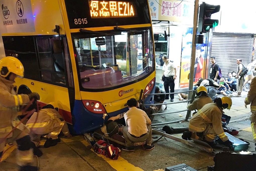 Three people were killed and 29 injured when a double-decker mounted the pavement in Sham Shui Po. Photo: Roy Issa