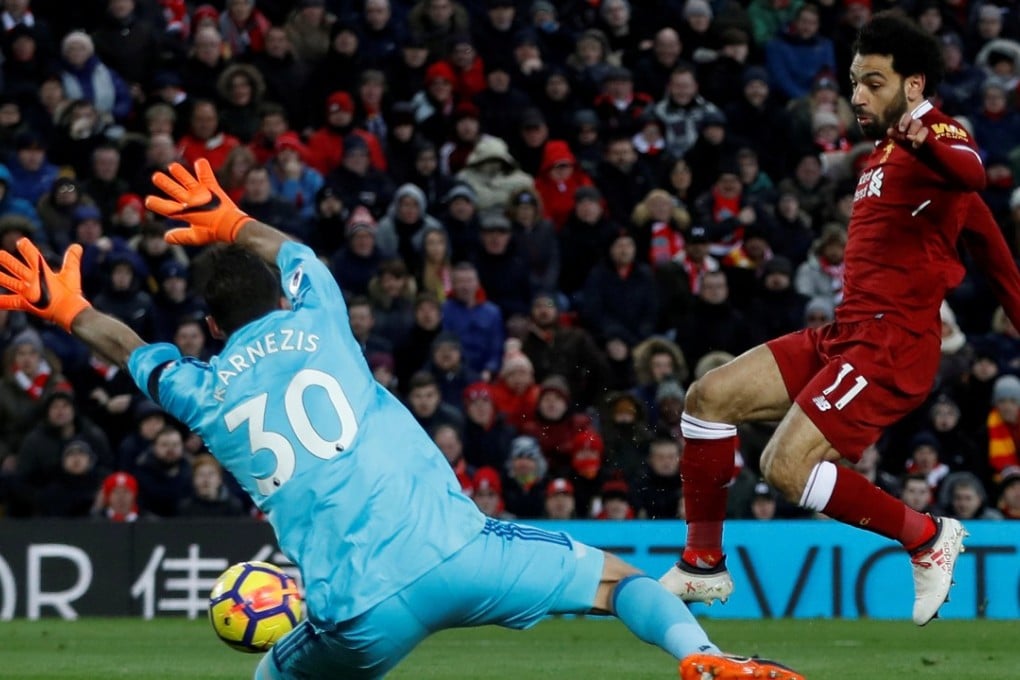 Liverpool’s Mohamed Salah scores their second goal of four against Watford. Photo: Reuters