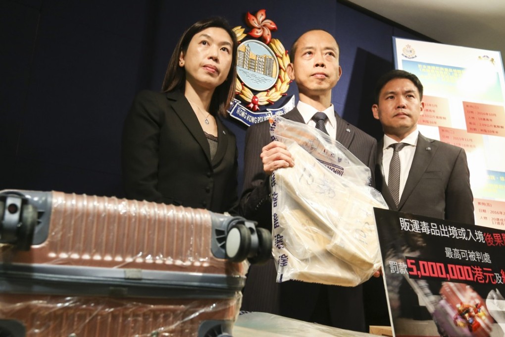 (From left) Superintendent Ng Wing-sze, Chief Superintendent Ma Ping-yiu and Chief Inspector Cheung Pak-kit from the Narcotics Bureau with 20kg of cocaine seized from a 15-year-old drug mule. Picture: Dickson Lee