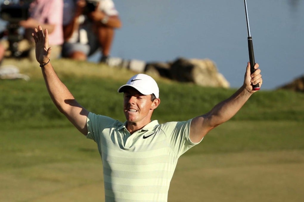 Rory McIlroy celebrates after sinking a birdie putt on the 18th green to win the Arnold Palmer Invitational at Bay Hill. Photo: AP