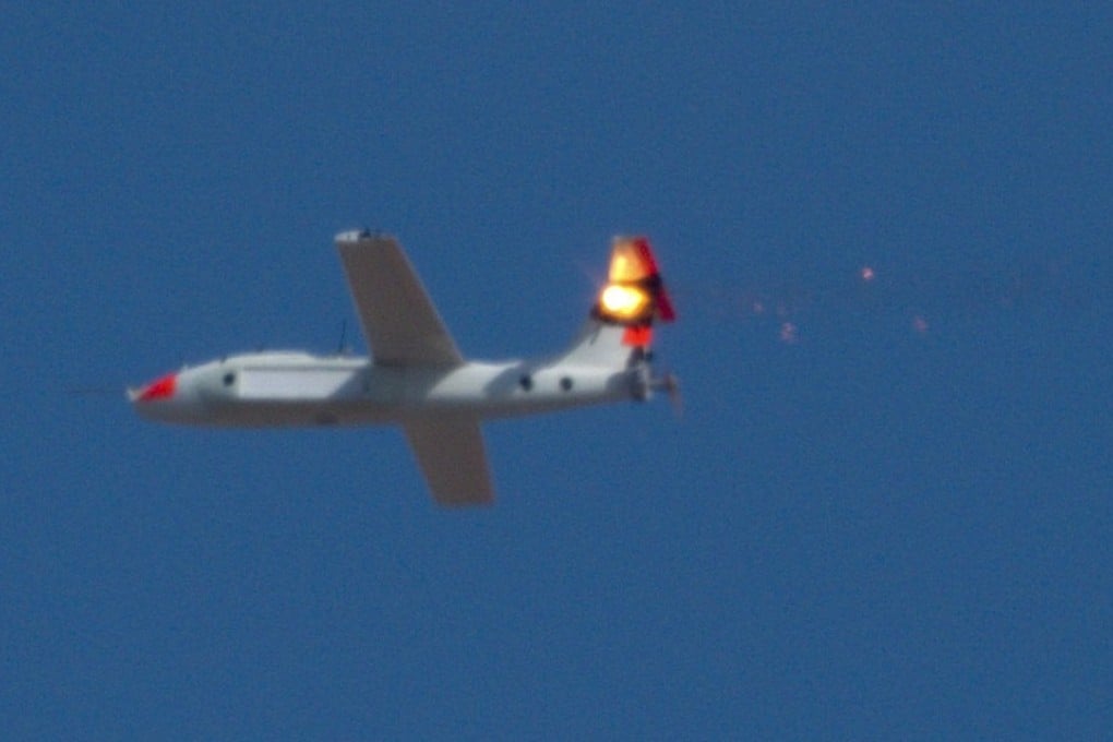 The tail of a target drone bursts into flame in a live-fire demonstration of a laser weapon last September at the US Army’s White Sands Missile Range in New Mexico. The 30-kilowatt class laser weapon system developed by Lockheed Martin brought down five unmanned aerial vehicles with a 100 per cent success rate. Photo: Lockheed Martin