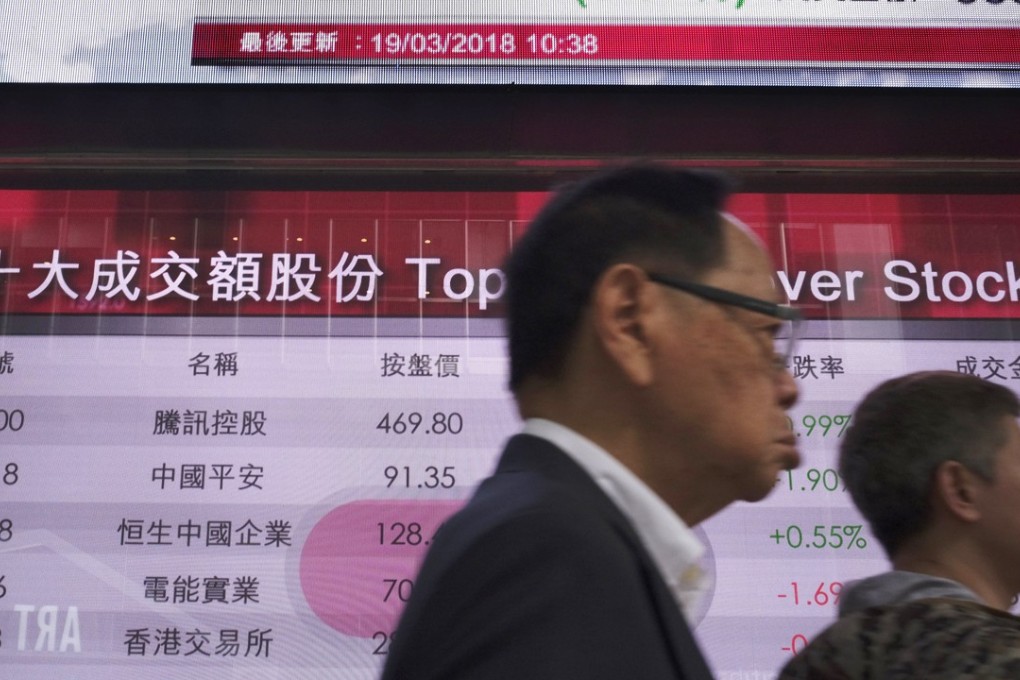 Hong Kong stocks fell just over half a per cent on Tuesday morning, dragged especially by the financial, property and tech sectors which are still being plagued by increasing worries over a possible global trade war. Photo: AP