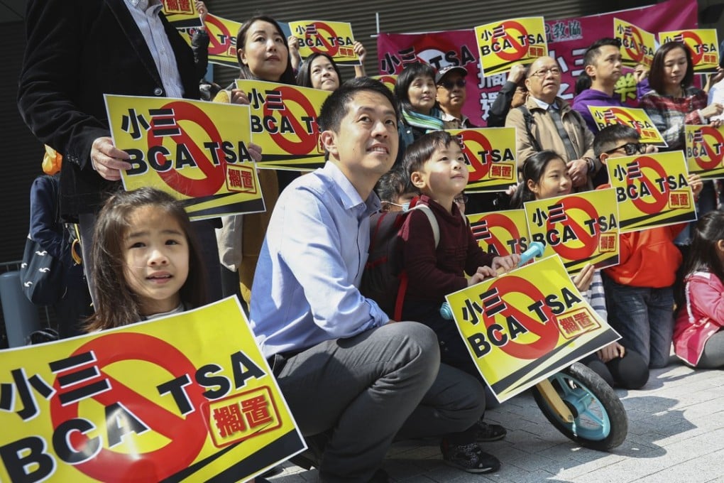 Lawmaker Ted Hui Chi-fung and the anti-TSA alliance protest against the Territory-wide System Assessment (TSA) outside the Central Government Offices in Tamar in February. Photo: Nora Tam