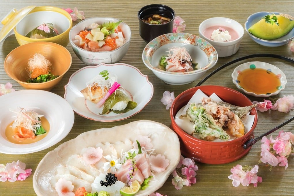 Dishes from the kaiseki with cherry blossom theme at Sagano restaurant in Hong Kong.