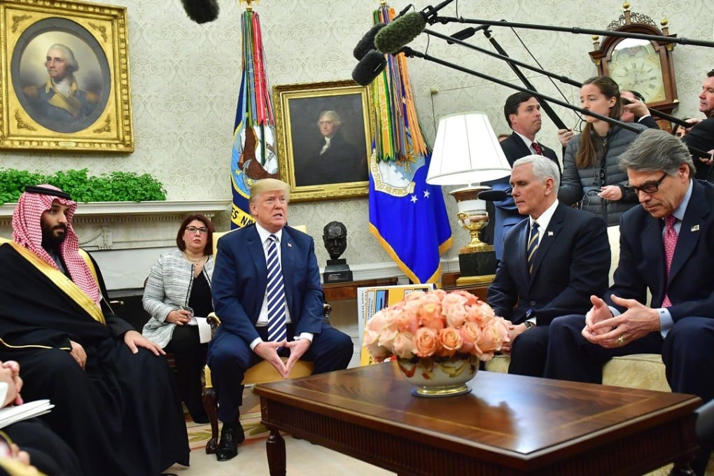 Us President Donald Trump speaks while Mohammed bin Salman, Saudi Arabia's crown prince (left) listens during a meeting in the Oval Office of the White House in Washington on Tuesday, March 20, 2018. Photo: Pool via Bloomberg