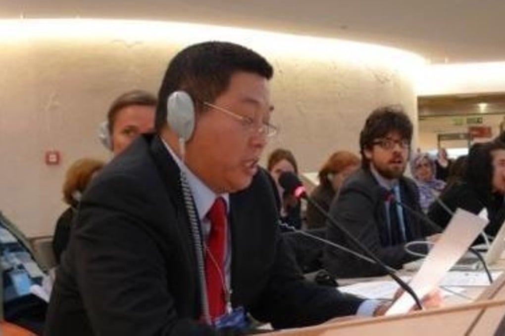 Chinese dissident Yang Jianli speaks at the UN Human Rights Council in Geneva on Tuesday. Photo: UN Watch