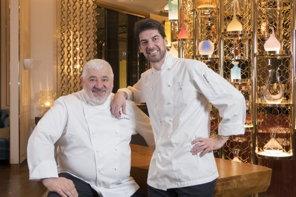 Massimiliano Alajmo (right) and Umberto Bombana at 8½ Otto e Mezzo Bombana, in Hong Kong.