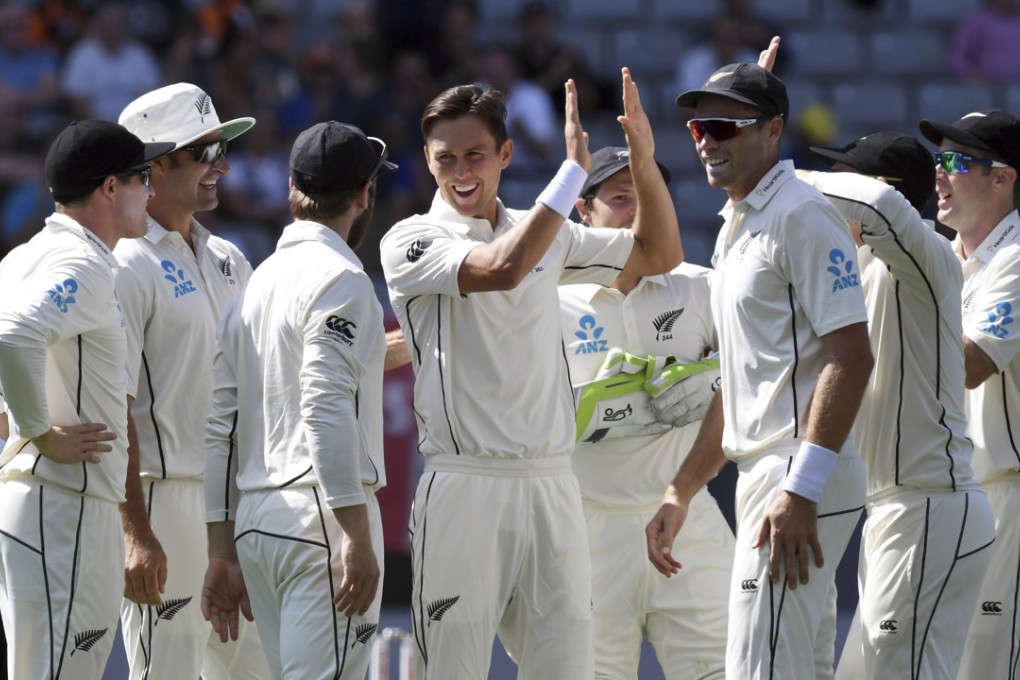 New Zealand’s Trent Boult (centre) celebrates the wicket of England’s Ben Stokes during their first test in Auckland. Photo: AP