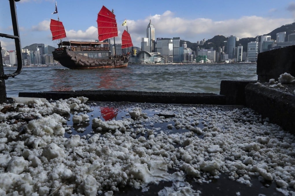 Nora Tam’s award-winning photo of oil pollution at Victoria Harbour in Tsim Sha Tsui. The oil came from a boat crash in mainland waters. Photo: Nora Tam