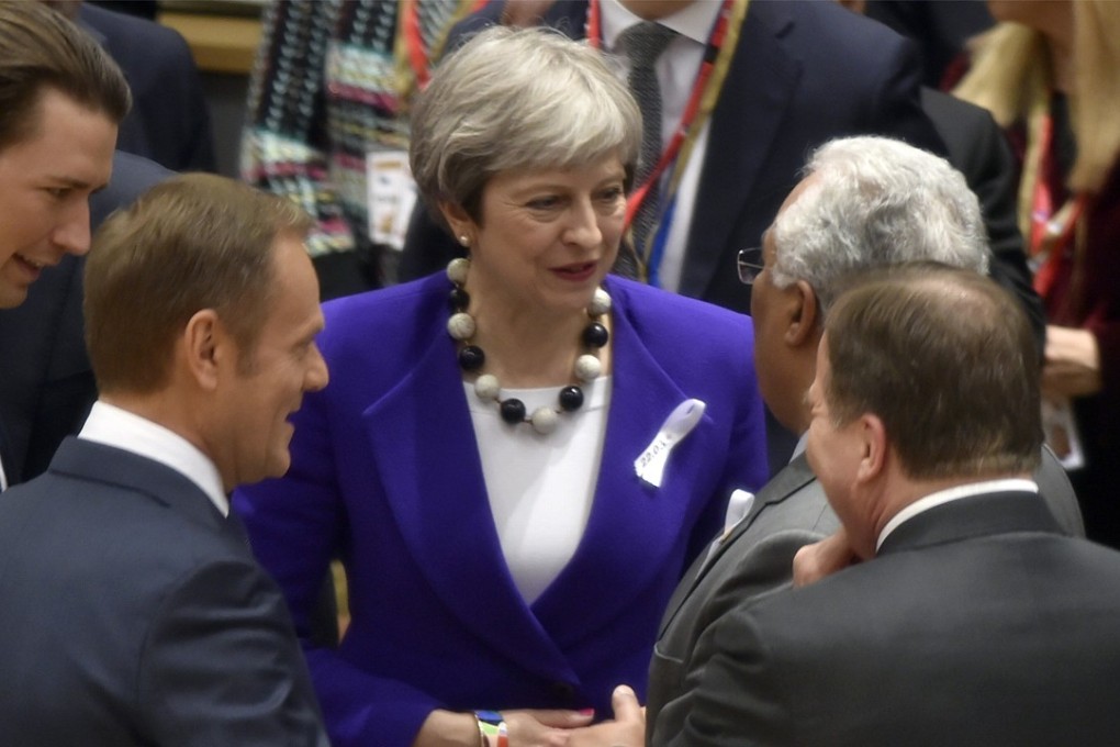 British Prime Minister Theresa May speaks with (from left to right): Austrian Chancellor Sebastian Kurz, European Council President Donald Tusk, Swedish Prime Minister Stefan Lofven and Portuguese Prime Minister Antonio Costa on March 22, 2018. The EU backed May’s claim that Russia poisoned an ex-spy in the UK early in March. Photo: Pool via AP