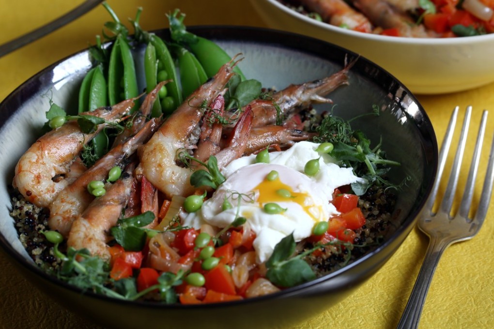 Quinoa with grilled shrimps, anchovy butter and poached egg – a great recipe for spring. Photo: Jonathan Wong