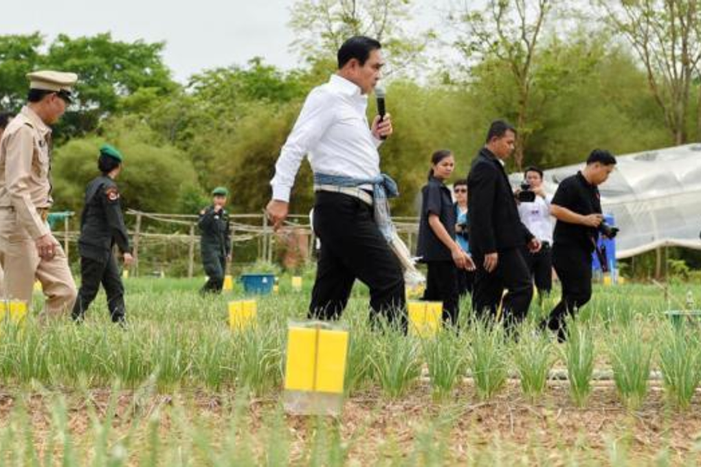 Prime Minister Prayut Chan-o-cha visits an organic farm in tambon Hua Na of Nong Bua Lam Phu's Muang district Thursday. He was in the northeastern province to witness a community land allocation ceremonyand deliver relief supplies for residents affected by windstorms. Photo: Thai Government House
