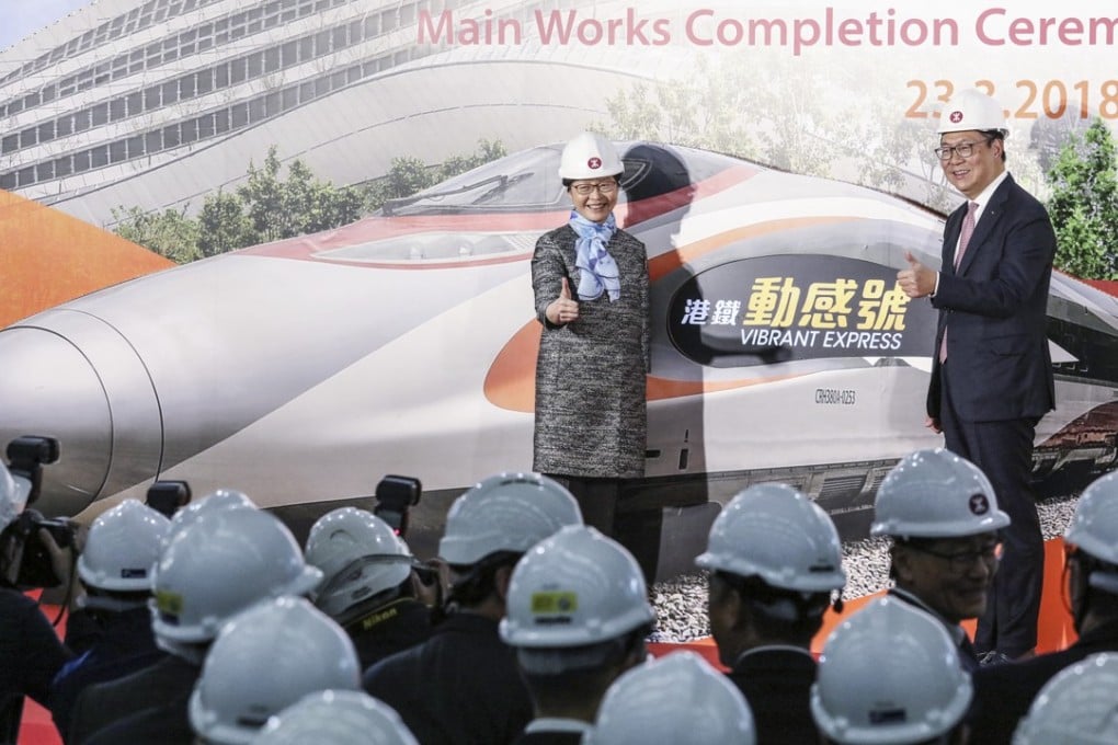 Hong Kong Chief Executive Carrie Lam Cheng Yuet-ngor and non-executive chairman of MTR, Frederick Ma Si-hang, at the main work completion ceremony for the rail project in West Kowloon. Photo: Felix Wong