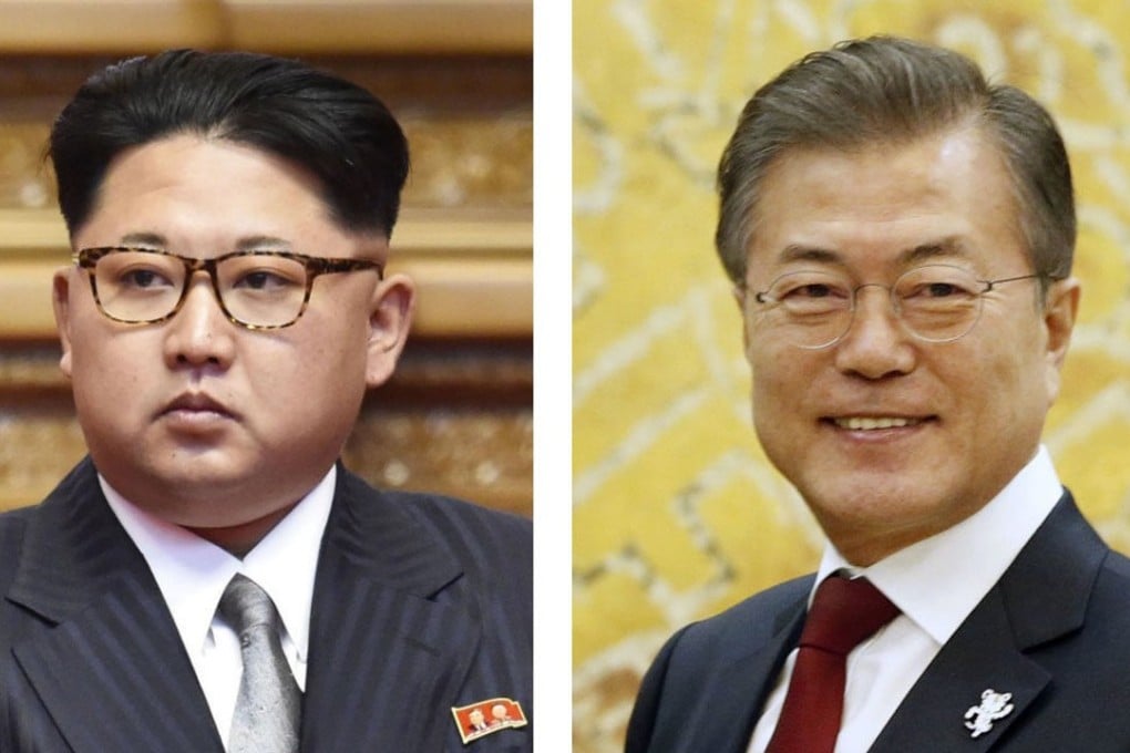 Combined photo shows North Korean leader Kim Jong-un (L) and South Korean President Moon Jae In. The two Koreas agreed to hold a summit at the truce village of Panmunjom in late April and to establish a hotline between the two leaders, the South Korean government said on March 6, 2018. (Kyodo) ==Kyodo