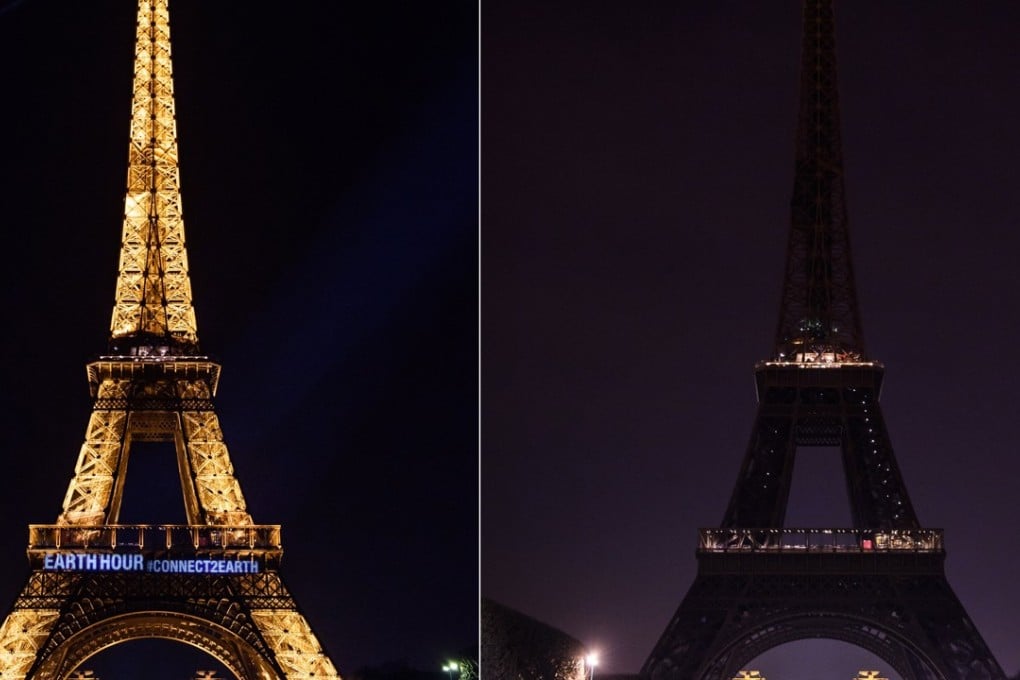 A composite photo shows the Eiffel Tower with the light on (L) before and lights off (R) during Earth Hour in Paris, France, on March 24, 2018. Earth Hour is an annual event in which lights are switched off in major cities around the world to draw attention to energy consumption and its environmental effects. Photo: EPA-EFE