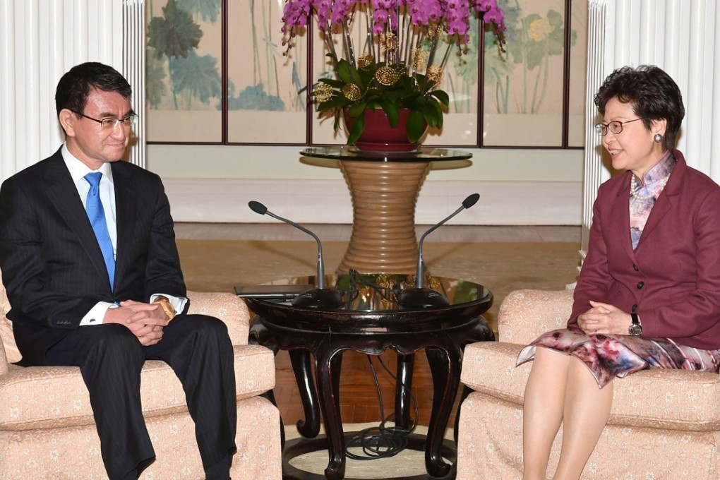 Carrie Lam (right) rejected Taro Kono’s (left) request that Hong Kong lift the ban on some Japanese food. Photo: Handout