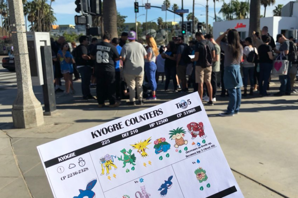 A large group prepares to take on the legendary Pokémon Kyogre on the Santa Monica Pier. The flyer, handed out by a Pokémon Go enthusiast group, lists its weaknesses. Photo: Matt Weinberger/Business Insider