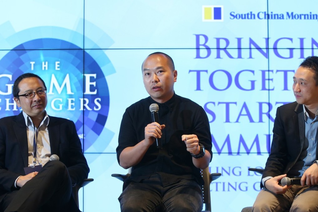 (from left) Paul Lee, co-founder of Ximplar, and co-founder and executive director of Aumeo, Ray Chan, CEO and co-founder of 9GAG, and Sum Wong, co-founder of EventXtra, attend a panel discussion at SCMP's Game Changers event, on Tuesday in Hong Kong. Photo: Xiaomei Chen