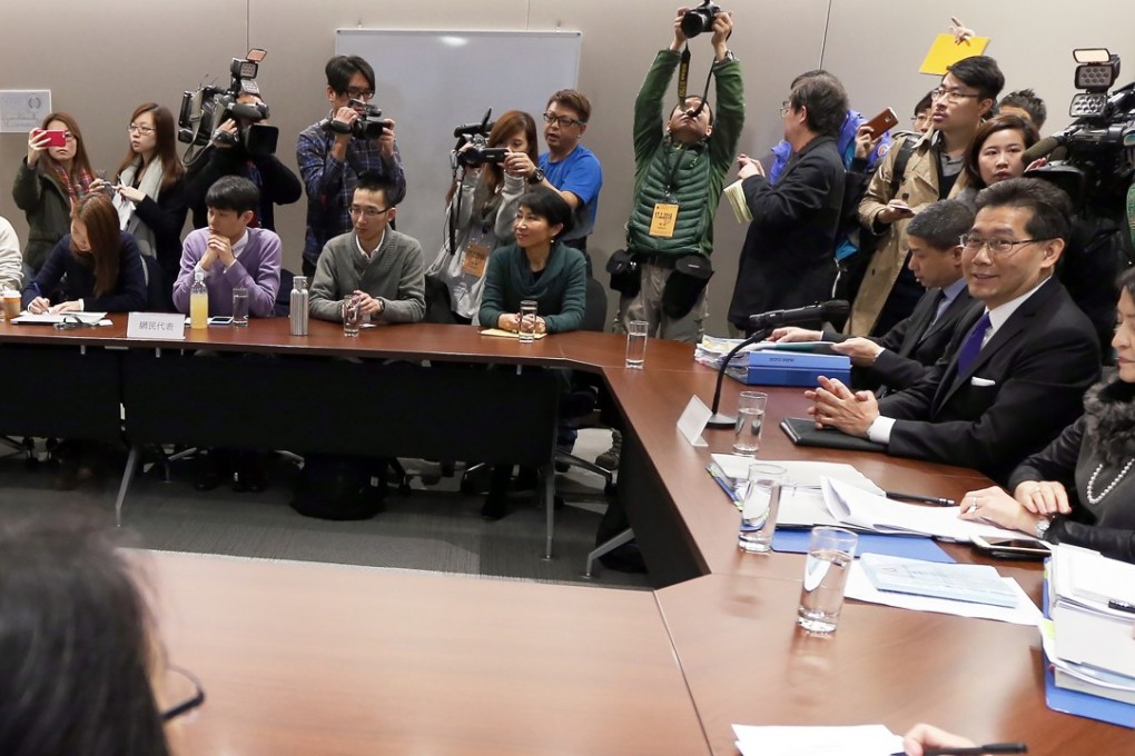 Hong Kong’s then Commerce and Economic Development chief, Gregory So Kam-leung (second right), attends a meeting on the copyright bill with government representatives, lawmakers, copyright owners and net users, at the Legislative Council Complex, in Admiralty in February 2016. Photo: David Wong