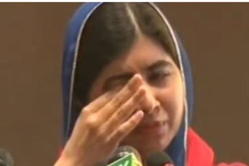Nobel peace laureate Malala Yousafzai was overcome with emotion as she made a televised speech from the Prime Minister’s House in Islamabad, wiping away tears as she spoke of the beauty of her native Swat valley. Photo: Twitter