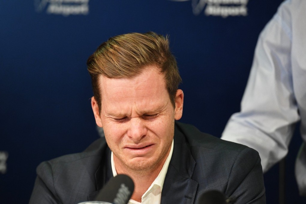 Former Australia cricket captain Steve Smith breaks down in front of the press. Photo: EPA