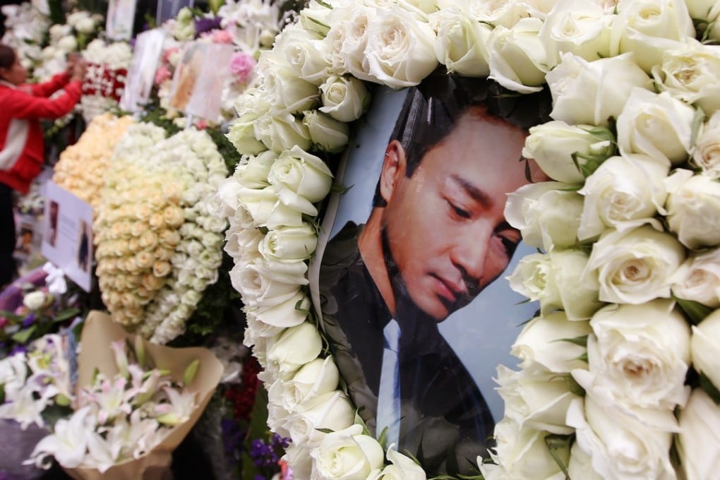 Bouquets of flowers outside the Hong Kong Mandarin Oriental Hotel where Cheung jumped to his death on April 1, 2003. Picture: SCMP