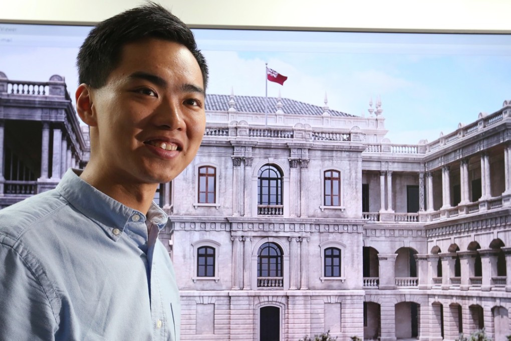 Project co-founder John Kwok Ho-yeung with a virtual reality rendering of Queens College. Photo: Edmond So