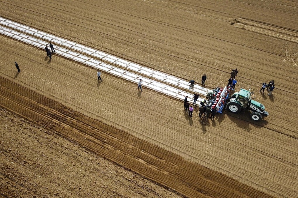 A self-driving tractor – part of efforts to promote smart farming – sows cotton seeds in a demonstration field in the county of Kuqa in Xinjiang. Photo: Xinhua