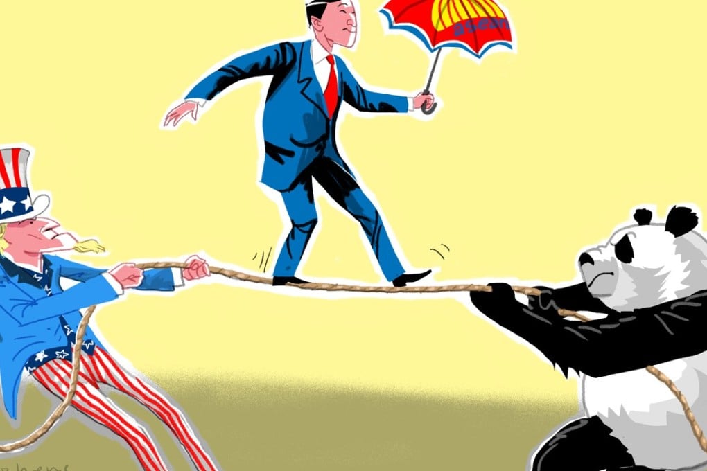 The goal for many nations is to maximise the economic benefit of China’s rise while retaining the benefits of US security protection. But the balancing act required to reach this goal is becoming more like a tightrope walk. Illustration: Craig Stephens