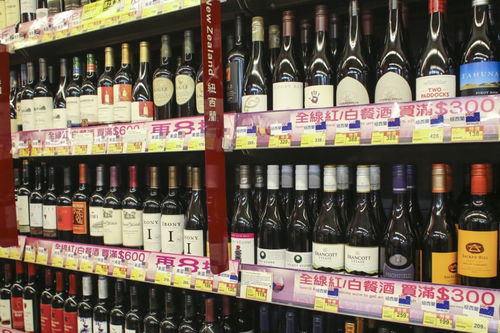 Wine on a Hong Kong supermarket shelf. Health leaders advocate raising taxes on the sale of alcoholic drinks to reduce consumption and fund health care for poor people with lifestyle diseases. Photo: May Tse