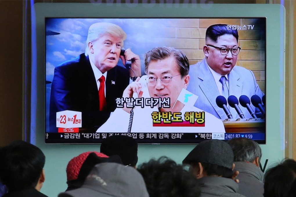 A TV screen at the Seoul Railway Station shows images of North Korean leader Kim Jong-un (right), South Korean President Moon Jae-in (centre) and US President Donald Trump in a news report, on March 7. Seoul, Washington and Beijing should focus on producing a settlement to the North Korean nuclear issue that is acceptable to all. Photo: AP