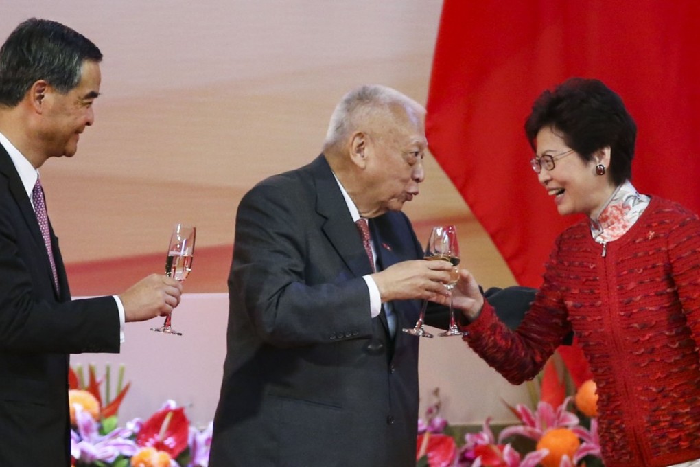 Former Hong Kong chief executive Leung Chun-ying (left) and first chief executive Tung Chee-hwa raise a toast with the incumbent, Carrie Lam Cheng Yuet-ngor, during a National Day Reception at the Convention and Exhibition Centre in Wan Chai, last October 1. Photo: K.Y. Cheng