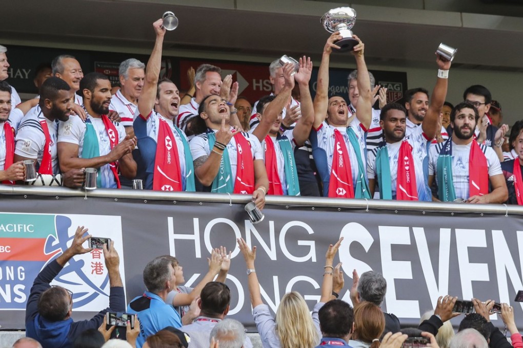 France celebrate at the trophy presentation after beating Canada in the Bowl final in Hong Kong. Photo: K.Y. Cheng