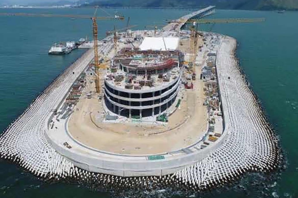 An aerial photo of the artificial island which the Highways Department claims was taken on August 14, 2017, days before Typhoon Hato hit the region. The picture shows the random placement of concrete blocks as captured in recent drone photos. Photo: Handout