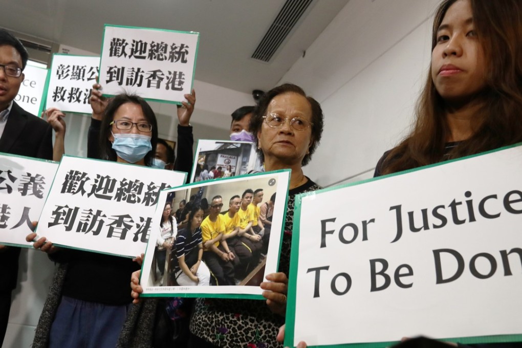Families and friends of the four Hong Kong fishermen jailed in the Philippines over drug trafficking charges, accompanied by lawmaker James To (left). To his left are Winkey Leung, daughter of defendant Leung Shu-fook; Mrs Lo, mother of defendant Lo Wing-fai; and Ms Cheung, friend of defendant Lo Wing-fai. Photo: Nora Tam