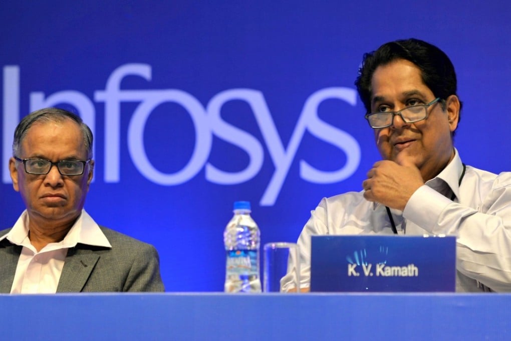 Infosys founding member Narayana Murthy (left) and lead independent director of Infosys board of directors K.V. Kamath in Bangalore. Photo: AFP