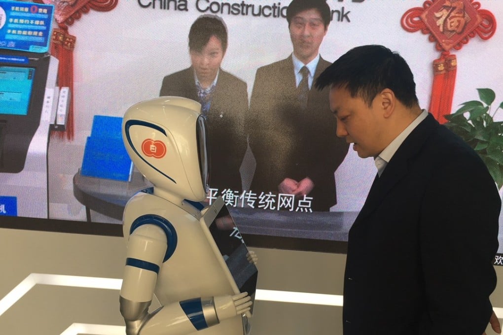 Good morning, sir... a robot capable of voice recognition and briefing visitors on basic services is there to meet customers, at the newly opened, unstaffed China Construction Bank outlet in Shanghai. Photo: Maggie Zhang