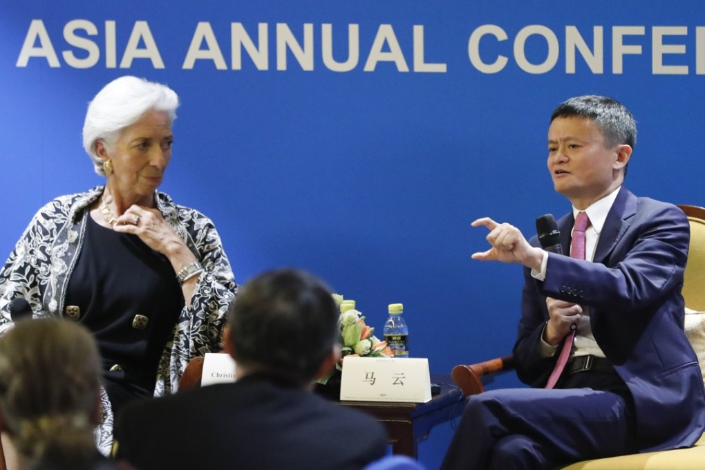 IMF Managing Director Christine Lagarde and Alibaba’s co-founder Jack Ma during their fireside chat at the Boao Forum in Hainan. Photo: CNS