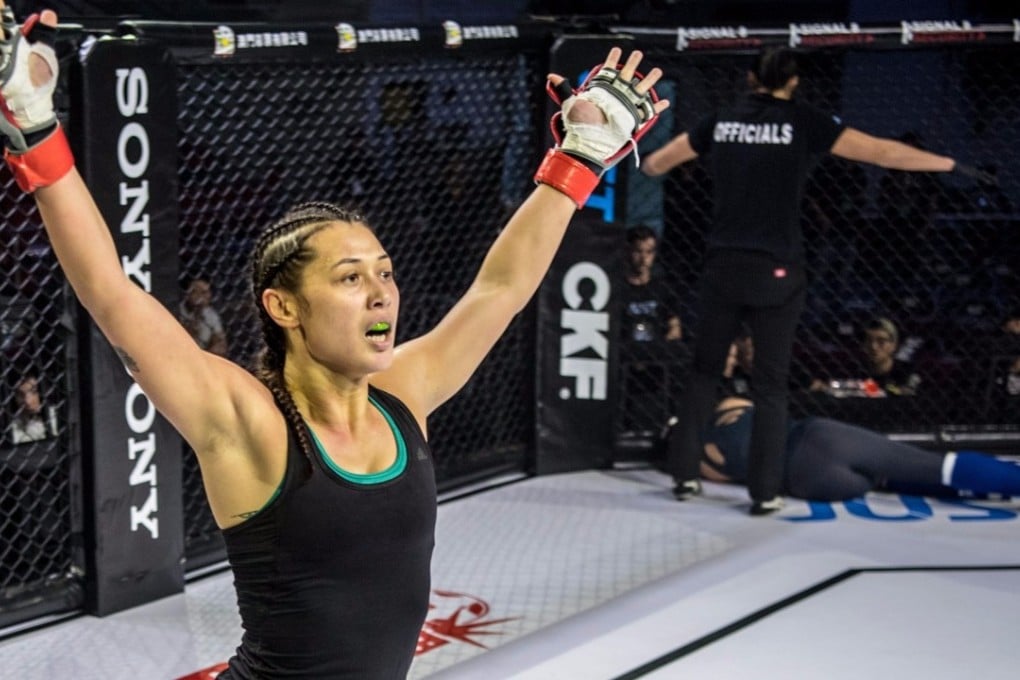 Ashleigh Martin celebrates her first-round TKO win against Amanda Chan from Singapore. Photos: Handout