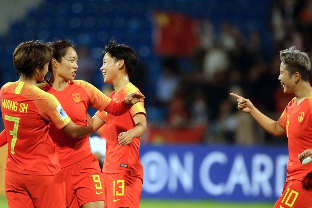China's players celebrate scoring during victory over hosts Jordan at the 2018 AFC Women's Asian Cup. Photos: Xinhua