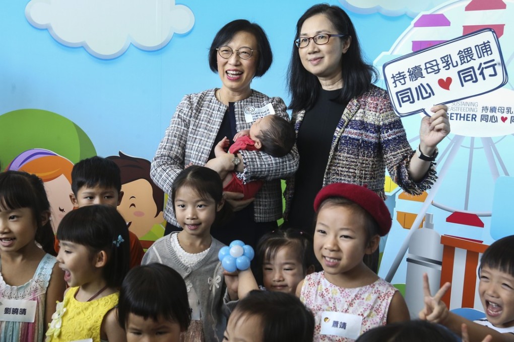 Hong Kong’s food and health secretary, Professor Sophia Chan Siu-chee (left), and the deputy director of health, Dr Cindy Lai, mark World Breastfeeding Week at an event co-hosted by the Department of Health, in Hung Hom last July 28. Photo: Dickson Lee