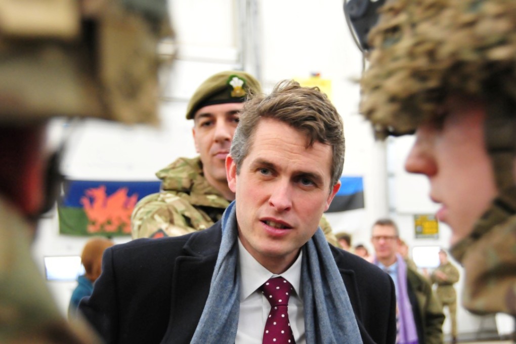 British Defence Secretary Gavin Williamson visits UK troops in the Nato Enhanced Forward Presence battle group at a military base in Tapa, Estonia, on March 25. Williamson has called the UK’s new base in Bahrain a boost to the country’s global standing while also noting a rise in China’s “sharp” power towards regional rivals. Photo: Reuters
