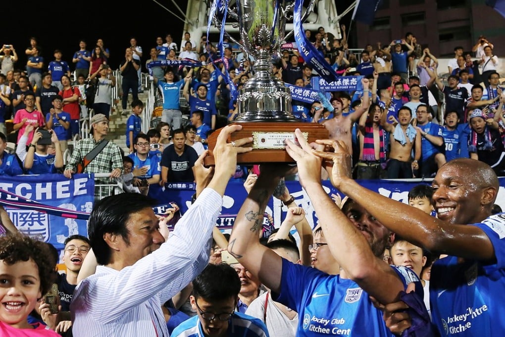 Kitchee lift the Hong Kong Premier League trophy after beating Peqasus at Mong Kok Stadium. Photo: Dickson Lee